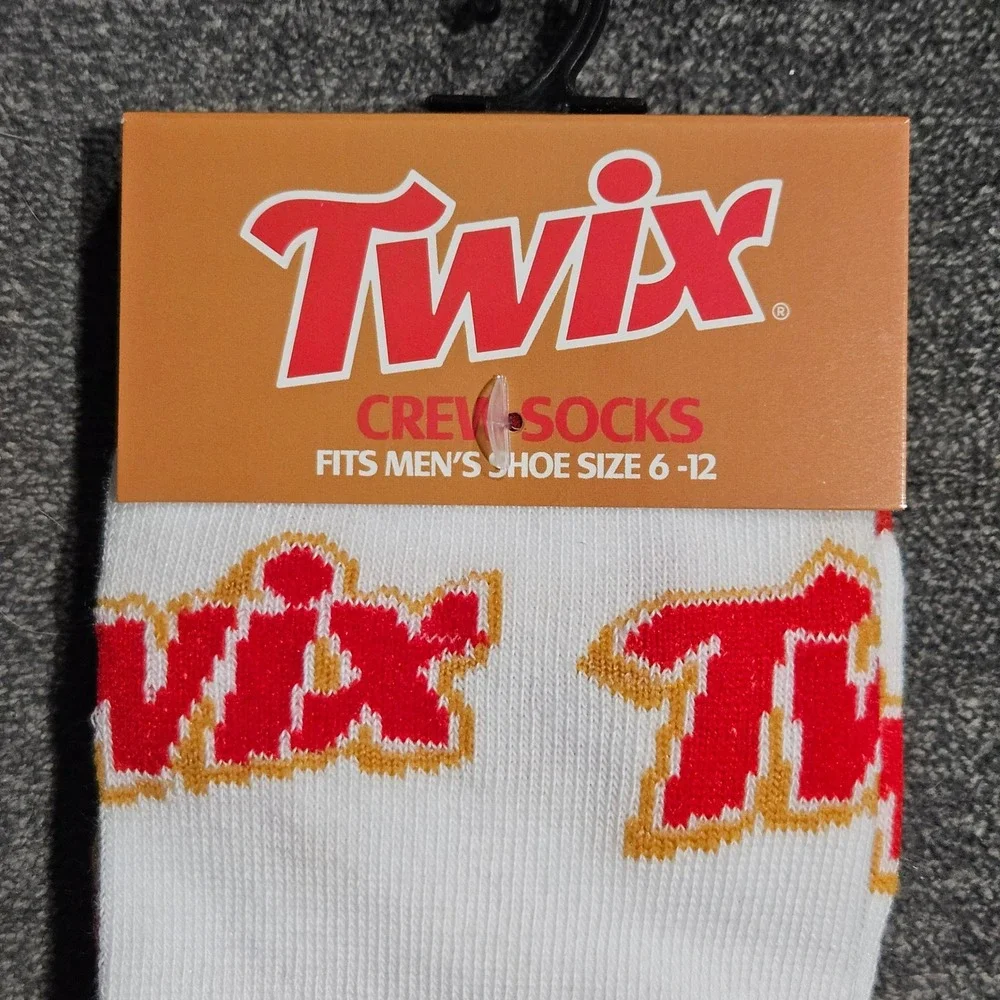 Twix Candy Logo Crew Socks Mens Shoe Size 6-12 White Red Gold‎ Novelty Odd Sox